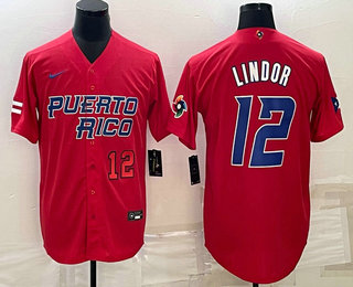 Mens Puerto Rico Baseball #12 Francisco Lindor Number 2023 Red World Baseball Classic Stitched Jersey->2023 world baseball classic->MLB Jersey